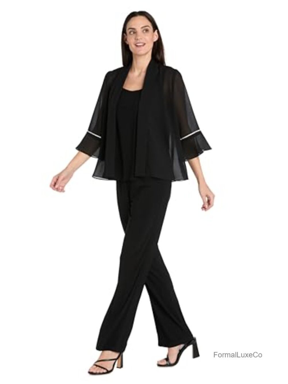 Sheer Open Front Cardigan Rhinestone Ruffle Bell Sleeve Shrug - Picture 2 of 3